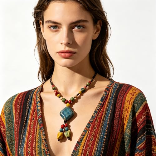 KURTCB Boho Hippie Ceramic Beaded Necklace Bracelet Colorful Statement Chunky Beads Strand Necklace Bracelet Thanksgiving Fall Autumn Jewelry for Women - style: Style 5