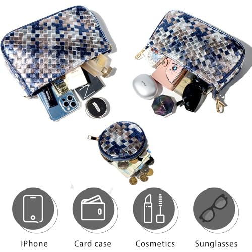 Handmade Woven Small Crossbody Bag for Women with Coin Purse, Designer Shoulder Handbag 3pcs Set, Mini Tote Clutch - color: Blue Multicolor