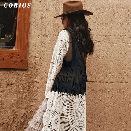 CORIOS Women Suede Handbag Vintage Fringe Hobo Bag Shoulder Bag with Tassel Hippie Western Purse Large Tote Bag - color: Black