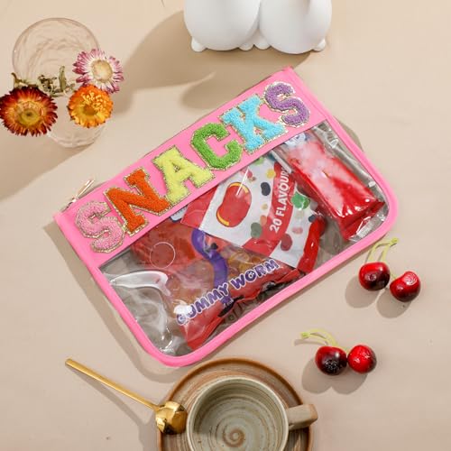 DYSHAYEN Chenille Letter Clear Zipper Pouch for Travel,Nylon Clear Cosmetic Bag,Makeup Travel Bag for Women Girls 11.8 Inches x 8.2 Inches - color: Pink-Snacks