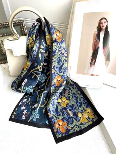 ANDANTINO 100% Silk Scarf for Women 59”*6.3” Long Shawls for Headscarf and Neck- Oblong Hair Wraps with Gift Packed - color: Floral-navy Blue