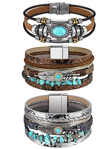 Inbagi 3 Pcs Western Jewelry for Women Turquoise Bracelet Native American Jewelry Western Gift for Women Silver Bohemian Turquoise Cuff Bracelets - style: Retro