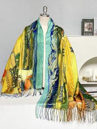 VENVSBEE Reversible Scarf Soft Large Shawl Wrap Blanket Double Sided Art Print Warm Pashmina Stoles Klimt Van Gogh Gifts - color: Art 19