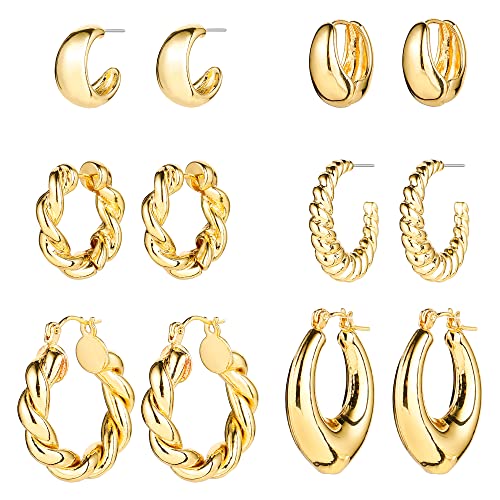 HILXURY Gold Chunky Hoop Earrings Set for Women, 14K Gold Plated Twisted Huggie Hoop Earring Hypoallergenic, Thick Open Hoops Set Lightweight - color: 6 gold hoops