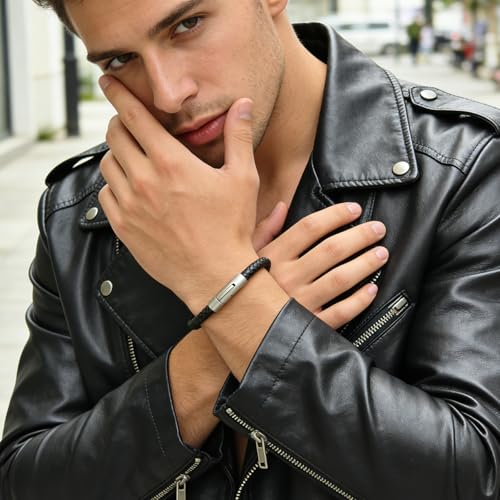 Men's Leather Bracelet, Stackable Stainless Steel Clasp Bracelets for Men Stylish Birthday, Thanksgiving, Valentine's Day Gift for My Man - style: 8.2" Black Leather