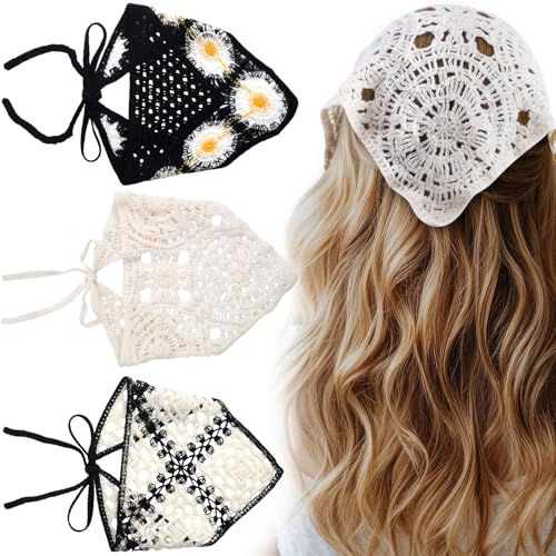 3 Pcs Daisy Crochet Bandana, Cute Bandanas for Women, Flowers Crochet Head Scarf, Floral Head Scarf for Women's Hair Styling Decor (3 Styles) - color: Beige,black,white-style3