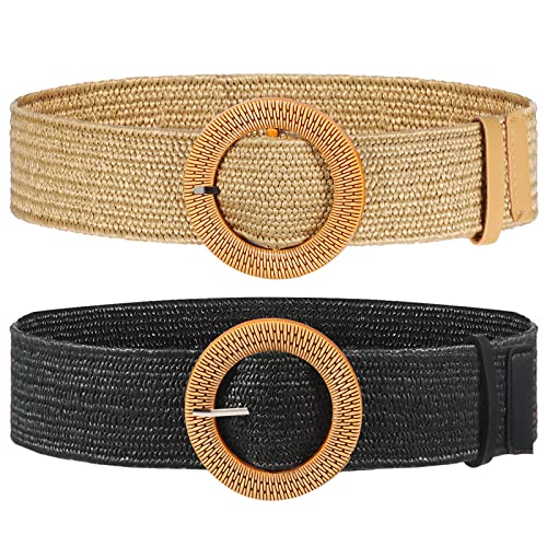 2 Pieces Women Straw Woven Elastic Stretch Waist Belt Skinny Dress Braided Waist Belt with Wooden Style Buckle - color: Black and Natural