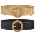 2 Pieces Women Straw Woven Elastic Stretch Waist Belt Skinny Dress Braided Waist Belt with Wooden Style Buckle - color: Black and Natural