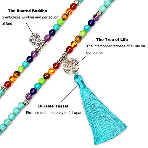 108 Mala Beads Necklace 7 Chakra Buddhist Prayer Beaded Bracelet Tree of Life Pendant Stone Yoga Necklace - color: Tassel-Turquoise