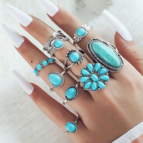 Bohemian Turquoise Ring for Women Stackable Vintage Chunky Boho Turquoise Ring Set Dainty Open Gemstone Knuckle Midi Finger Rings Western Statement Rings Jewelry - style: nine