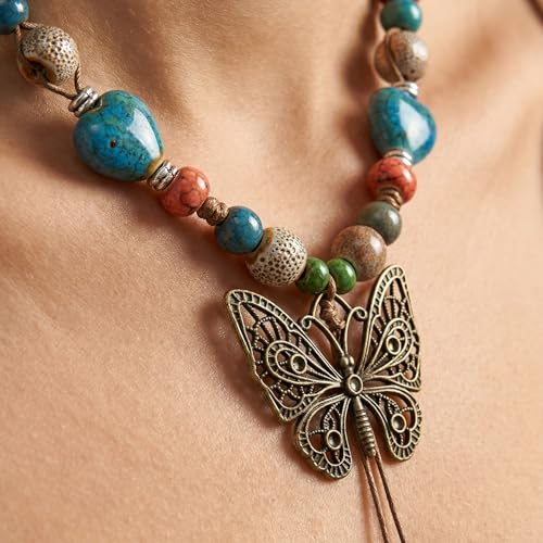 Boho Necklace for Women,Vintage Butterfly Pendant Necklaces,Adjustable Wooden Beads Layered Braided Choker,Fashion Tribal Style Leather Rope Necklace Jewelry,Chunky Statement Gift for Women - color: Colorful2