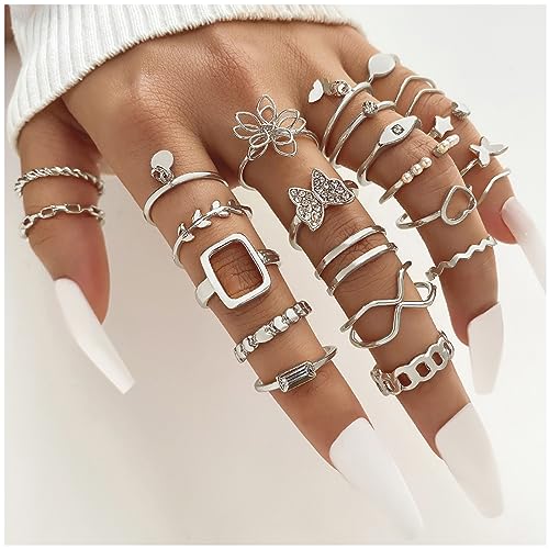 IFKM 36 PCS Silver Plated Jewelry Set with 3 PCS Necklace, 12 PCS Bracelet, 7 PCS Ear Cuffs Earring, 14 Pcs Knuckle Rings for Women Valentine Anniversary Birthday Friendship Gift - color: 41pcs Fashion Silver