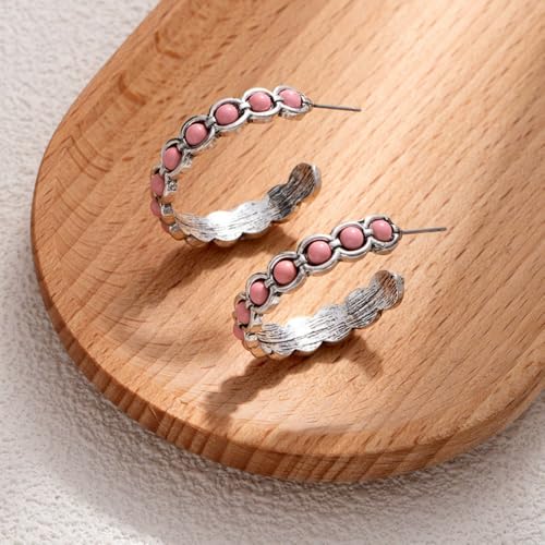 Boho Round Turquoise Hoop Earrings Daisy Flower Turquoise Dangle Earrings for Women Men Vintage Ethnic Accessories Tribal Jewelry - color: Pink