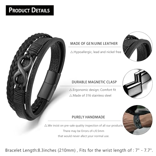 Men's Leather Infinity Bracelet Stainless Steel Number 8 Wristband Cuff Bangle Bracelets Gifts for Men, 8.3 & 9.1 inches - color: 03.Three-layers leather & black infinity, size: 8.3inch(Fits most wrists.)