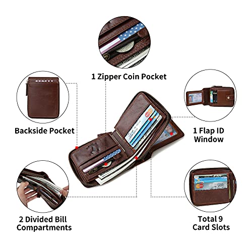 Zipper Wallet Men RFID Blocking Leather Bifold Wallets For Men - Flap ID Window Zip Coin Pocket Mens Zipper Wallets - Big Capacity Credit Card Travel Wallet (Brown) - color: Brown