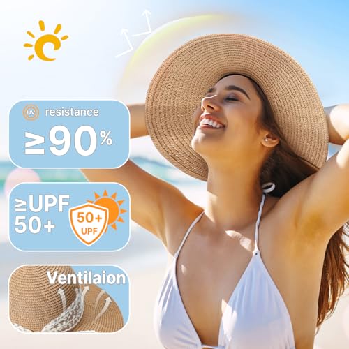Beach Hats for Women, Sun Straw Hat for Women, UPF 50+ UV Sun Protection Sun Hat Womens, Foldable Floppy Sun Hat - color: G-khaki