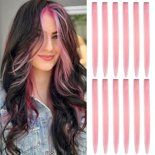 12pcs Clip in Pink Hair Extensions, 22 Inch Rainbow Hair with Silver Tinsels, Holiday Party Highlights - color: Pink