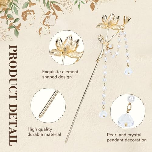 10 Pack Retro Gold Metal Long Hair Sticks Pins with Pearl Jade Dangles Tassels Pendants Chinese Hanfu Asian Flower Butterfly Hair Chopsticks Hair Picks Bun Forks Holders Hairpins