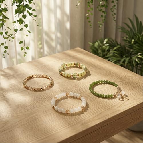 Bohemian Bracelet Sets for Women - 4-Pack Stackable Stretch Bead Bracelets with Black＆White Crystal & Gold Accessories, Multi-Layer Boho Jewelry - color: green