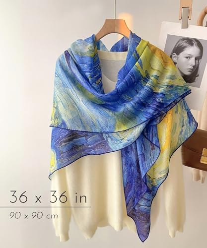 PoeticEHome Cashmere Scarf Wrap 36"x36" - Featherlight & Wrinkle-Free Artistic Square Shawl for Travel & Office, Gift Ready - color: Starry Night - 36"