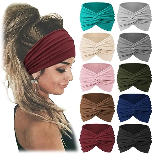 Jesries 10 PCS Women Headbands African Wide Hair Wrap Extra Turban Head Bands for Lady Large Sport Workout Stretch Non-slip Big Hair Bands - color: Wine red