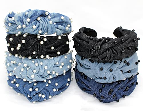 Blue Knotted Headband for Women is a Comfy Denim with Black Pearl Headbands for Women Dark Blue Jean Headband Top Knot for Girls Hair Fashion Designer - color: Blue Denim Black Pearl