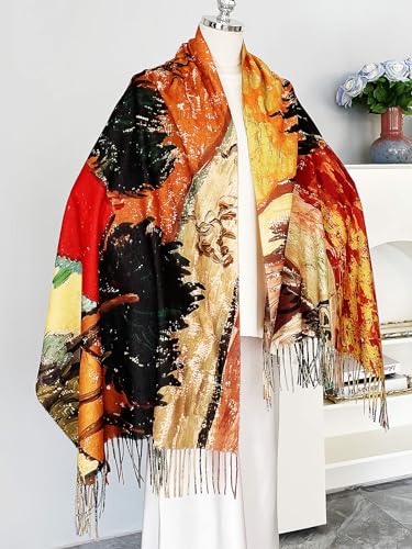 VENVSBEE Reversible Scarf Soft Large Shawl Wrap Blanket Double Sided Art Print Warm Pashmina Stoles Klimt Van Gogh Gifts - color: Art 22