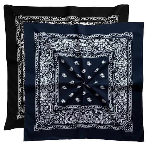 Extra Large Bandana 27” x 27”,100% Cotton bandana for Men and Women，Multi-Purpose Scarf Headbands ，Head Scarfs - color: Black/Navy Blue