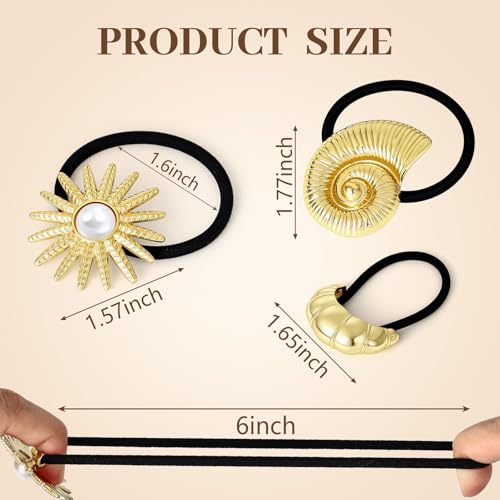 3PCS Gold Hair Ties, Metal Hair Ties for Thick Hair, Gold Ponytail Cuff Elegant Durable Geometric Design, Hair Accessories for Women, Stretchy & Non Damage Ponytail Holders with Pendant Holiday Gifts - color: Gold Set 08
