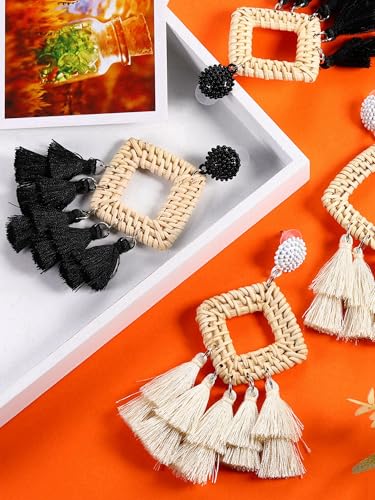 meekoo 2 Pairs Rattan Tassel Earrings for Women Bohemian Woven Earrings Summer Beach Jewelry Gifts(Black and White)