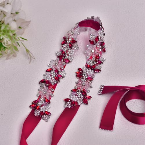 Rhinestone Wedding Bridal Belt for Women Formal Dress Handmade Crystal Beading Wedding Sash Belt - color: Red