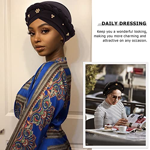 African Women Turban Caps Pre-Tied Twisted Turbans Head Scarf for Women Hair Wraps Cover Beanie Cancer Chemo Headwear - color: 1 Pack Twisted Braid A: Black With Gold Beads