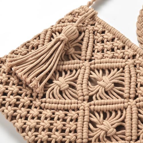 Eiyye Handmade Crochet Purse Boho Cotton Rope Crossbody Shoulder Bag with Tassel Casual Bag for Women - color: Light-brown