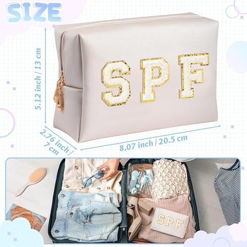 Preppy Patch Cosmetic Bag - Summer Gift White SPF Chenille Letter Makeup Bag, PU leather Travel Toiletry Kit Portable Waterproof Make Up Pouch Zipper Clutch, Gifts for Women Girls - color: White, style: Spf