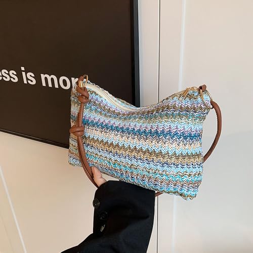 Women's Woven Beach Shoulder Handbag Colorful Straw Tote Bag Summer Vacation Crossbody Bag - color: 1343blue