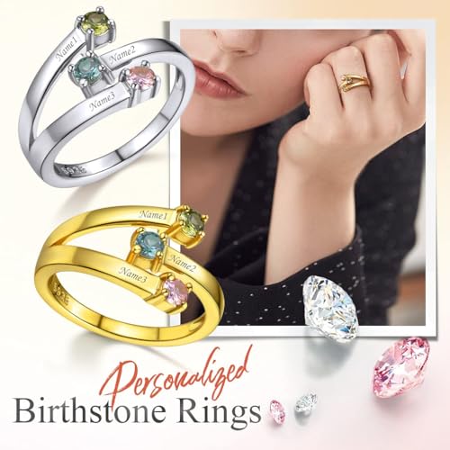 Custom4U Personalized 1-4 Birthstone Rings for Women Promise Rings for Her Sterling Silver Mothers Ring Customized Cubic Zirconia Stones Wedding/Valentine's Day/Mother's Day Jewelry Gift for Mom Wife - color: B-3 Names-silver