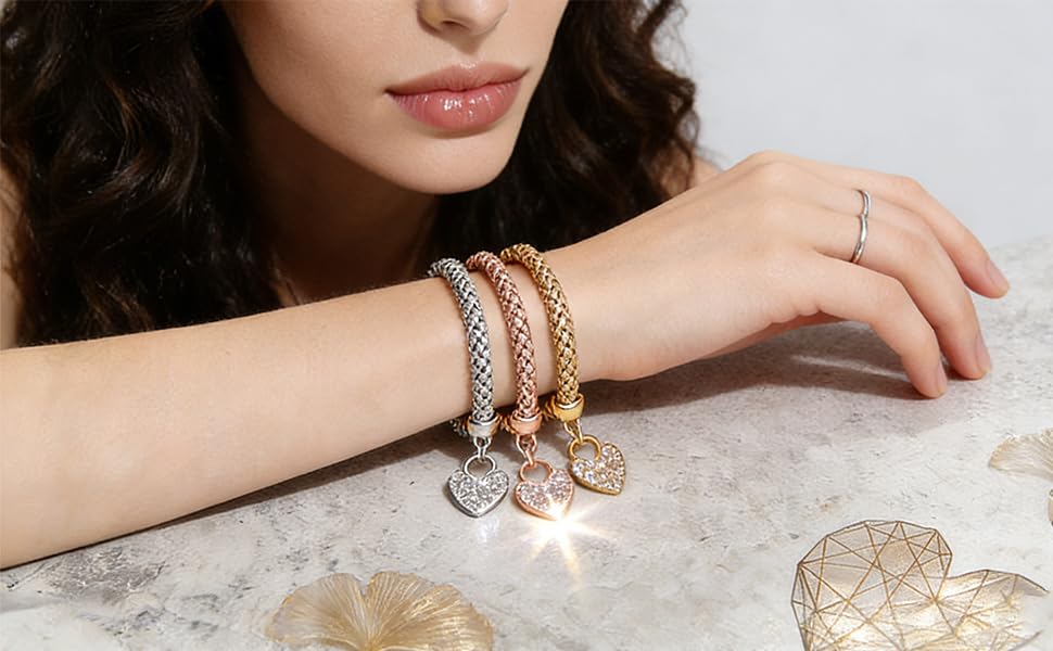 Alegend Titanium Steel (Not Rust, Resist Corruption, Easily Clean) 18K Gold Plated Single Bracelets + 14K Gold Plated Stackable Multilayer Bracelets - style: 14KGold Heart-Shaped Diamond-Inlaid
