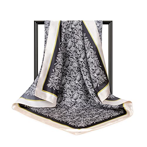 DRESHOW 35” Large Square Satin Head Scarf - 4Pcs Silk Accessories Classic Patterned Squares Beach Bandanas for Women - color: 4 Pcs: Black, Camel, Light Pink, Light Green