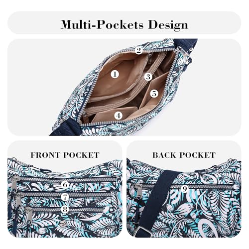 AOCINA Crossbody Bags for Women Multi Pocket Nylon Lightweight Ladies Purses Messenger Shoulder Handbags Satchel Travel Bag - color: Blue Leaf, size: Small