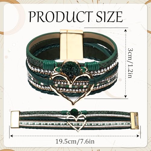 Leather Wrap Bracelet for Women, Boho Cuff Bracelet with Strong Clasp, Multi-Layer Crystal Leather Bracelet for Valentine Mother's Day - color: 01-Heart-Green