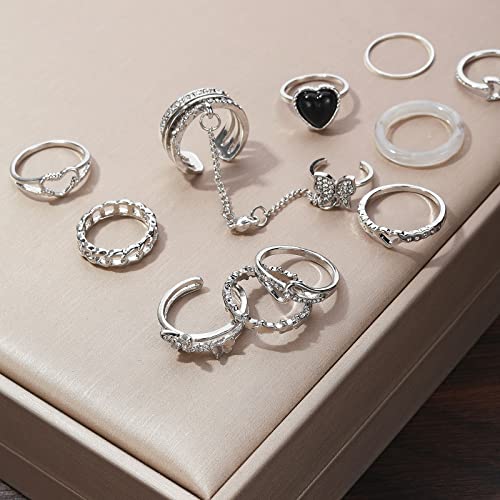 IFKM 36 PCS Silver Plated Jewelry Set with 3 PCS Necklace, 12 PCS Bracelet, 7 PCS Ear Cuffs Earring, 14 Pcs Knuckle Rings for Women Valentine Anniversary Birthday Friendship Gift - color: 21 Pcs Silver