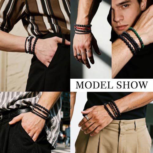 Men’s Hematite Bracelet Set Boho Multi - Tiger Eye/Matte Agate/Lava Rock Gifts for Birthday/Anniversary/Christmas - color: F03 Black Agate