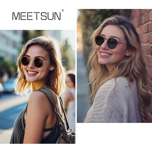MEETSUN Round Polarized Sunglasses for Women Men Classic Retro Metal Frame Sun Glasses UV Protection - color: (2 Pack) Gold/Grey + Black/Grey