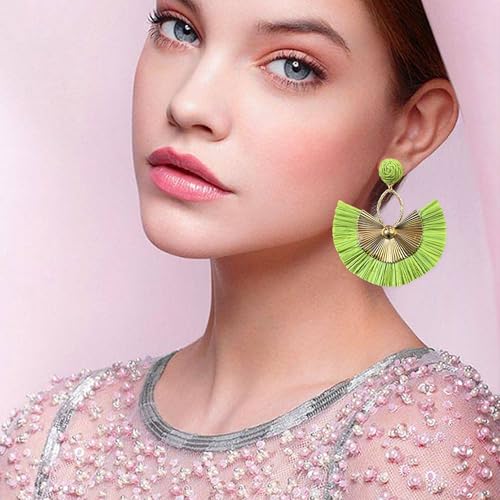 Anmpab Straw Fan Bohemian Tassel Earrings for Women Trendy Colorful Fringe Summer Beach Statement Earrings - color: Green