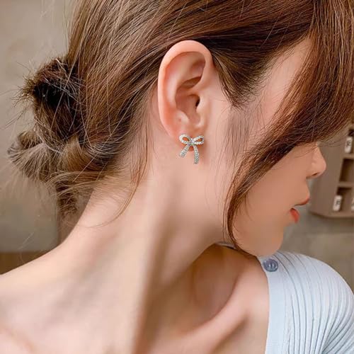 Rhinestone Bow Earrings for Women, Elegant Bridal Jewelry Statement Drop Dangle Earrings, Wedding Guest Dress Matching Accessories, Bridesmaid Gift, Sparkling Party Costume Outfit - color: A2:Silver Bow Stud Earrings