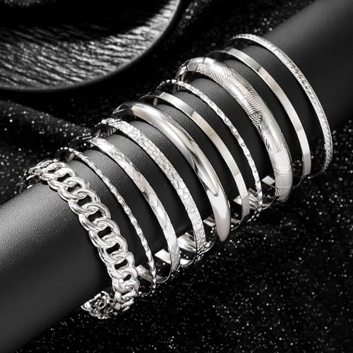Gold Bangles for Women, 12 Pcs Boho Stackable Bracelets Multi Layer Textured Chunky Bracelets Jewelry Set for Women - color: Style E- 10 pcs silver