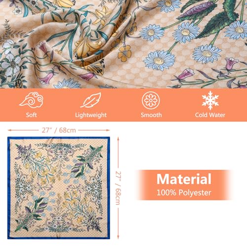 Stlvoll 27.5" Silk Neck Scarf of Women's Fashion Head Scarf Square Neck Satin Scarfs for Bag Hair Scarves Gift - color: Flower/Khaki