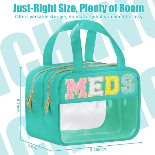 BuyCard Chenille Letter Clear Medicine Makeup Bag for Travel, Preppy Patch Nylon Cosmetic Meds Pouch with Handles and Zipper, Waterproof Large Travel Toiletry Purse Storage for Women Green - color: Green-MEDS