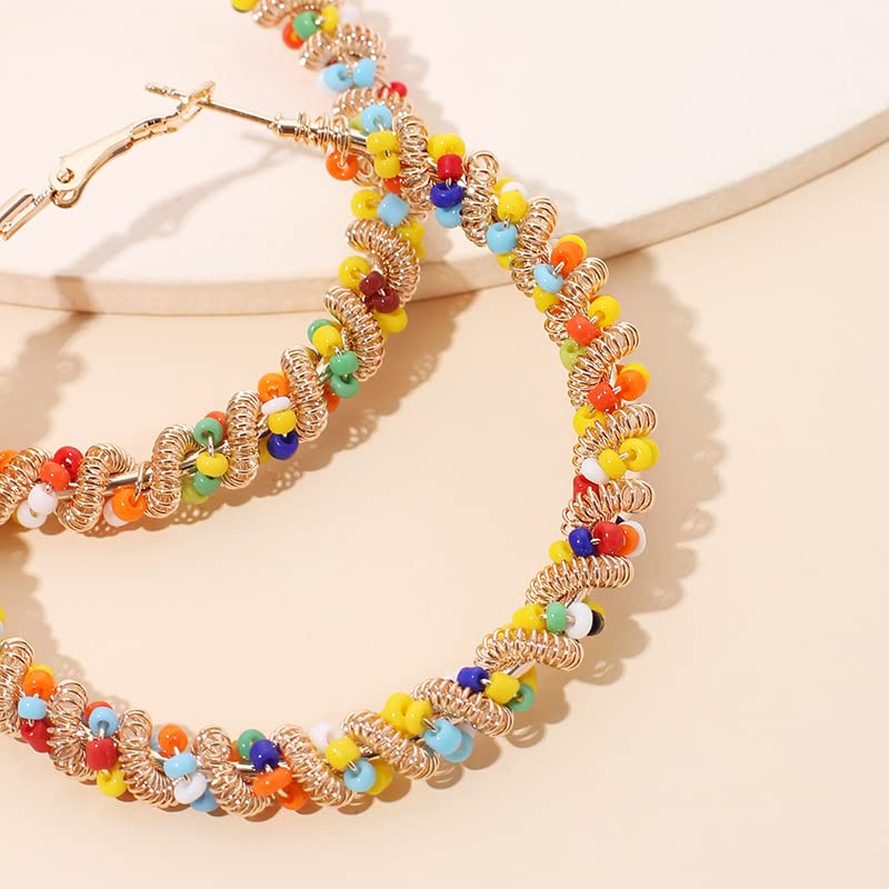 2 Pairs Bohemian Colorful Beads Circle Round Hoop Earrings Gold Hoop Dangle Earrings for Women Vintage Boho Jewelry - color: wide