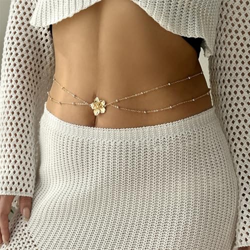 Flower Body Chain for Women Gold-Plated Metal Waist Chain Body Belly Belt Jewelry Layered Bead Metal Body Chain Summer Beach Accessories - color: Gold/A